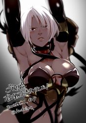 Rule 34 | 1girl, armpits, arms up, backlighting, breasts, choker, cleavage, commentary request, criss-cross halter, elbow gloves, gloves, halterneck, highres, isabella valentine, koda1ra, large breasts, lips, looking at viewer, namco, navel, pauldrons, purple eyes, revealing clothes, short hair, shoulder armor, single pauldron, solo, soul calibur, translation request, white hair