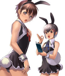 Rule 34 | 2boys, absurdres, animal ears, aojin, aojin (aojinchi), ass, bad id, bad pixiv id, brown eyes, brown hair, bulge, crossdressing, dress, from behind, hair ornament, hairclip, highres, male focus, male playboy bunny, multiple boys, open mouth, original, rabbit ears, rabbit tail, ribbon, short hair, simple background, sleeveless, smile, sweat, tail, trap, waitress, white background