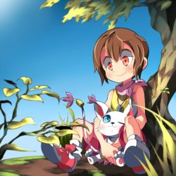 Rule 34 | 1girl, bare arms, bare shoulders, blush, brown eyes, brown hair, digimon, digimon (creature), digimon adventure, looking at another, looking down, looking up, mikan (mkn 0710), one eye closed, short hair, sleeveless, smile, tailmon, yagami hikari