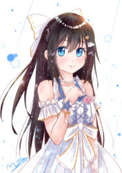 Rule 34 | 1girl, anata no risou no heroine, aqua bow, aqua eyes, arm garter, arm ribbon, artist name, artist request, bare shoulders, blue bow, blue eyes, blush, bow, bracelet, breasts, brown hair, cleavage, clenched hand, collarbone, cross-laced clothes, cross-laced dress, dress, dress bow, drop earrings, earrings, female focus, flower, flower bracelet, frilled dress, frills, hair between eyes, hair bow, hair ornament, hairclip, half updo, halter dress, halterneck, jewelry, long hair, looking at viewer, love live!, love live! nijigasaki high school idol club, love live! school idol festival, miniskirt, necklace, osaka shizuku, parted lips, pearl bracelet, pearl hair ornament, pearl necklace, pink flower, pink rose, plaid, plaid dress, plaid skirt, pleated, pleated dress, pleated skirt, ponytail, purple flower, purple rose, ribbon, rose, short sleeves, skirt, small breasts, smile, solo, star (symbol), star hair ornament, striped clothes, striped dress, striped skirt, vertical-striped clothes, vertical-striped dress, vertical-striped skirt, white background, white bow, white dress, white ribbon, white skirt, wrist ribbon