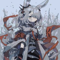 Rule 34 | 1girl, animal ears, arknights, armband, black gloves, black thighhighs, coat, cowboy shot, ear ornament, frostnova (arknights), gloves, grey coat, grey eyes, grey hair, grey shirt, grey sky, hair ornament, hair over one eye, hairclip, jaggy lines, long hair, one eye covered, open clothes, open coat, outdoors, rabbit ears, rabbit girl, reunion logo (arknights), rubble, scar, scar on face, scar on nose, shirt, sky, solo, thighhighs, thurim6