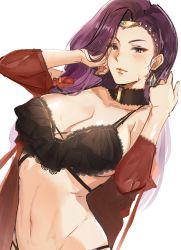 Rule 34 | 1girl, absurdres, bare shoulders, black bra, blush, bra, breasts, brown eyes, choker, cleavage, closed mouth, collarbone, earrings, fire emblem, fire emblem echoes: shadows of valentia, forehead, hair pulled back, hands in hair, highres, jewelry, large breasts, long hair, looking at viewer, navel, nintendo, open clothes, open shirt, ormille, purple hair, red shirt, shirt, simple background, smile, solo, sonya (fire emblem gaiden), tiara, underwear, white background