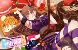 Rule 34 | 1girl, absurdres, armpits, bare shoulders, blueberry, blush, breasts, brown gloves, brown hair, cake, character doll, chocolate, cleavage, covered navel, earrings, feet out of frame, food, fruit, gloves, hair ornament, highres, horns, idolmaster, idolmaster shiny colors, jewelry, large breasts, long hair, looking at viewer, macaron, purple skirt, skirt, solo, sonoda chiyoko, sparkle, star (symbol), star earrings, star hair ornament, sticker on face, striped clothes, striped thighhighs, sylph kim, thighhighs, tongue, tongue out, wings