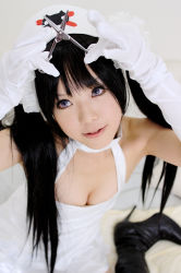 Rule 34 | 1girl, asian, black hair, bow, breasts, cleavage, color contacts, cosplay, elbow gloves, gloves, hair bow, indoors, kipi-san, long hair, looking at viewer, nurse, nylons, photo (medium), pure trance, purple eyes, ruriko nasu, ruriko nasu (cosplay), scissors, small breasts, solo, twintails
