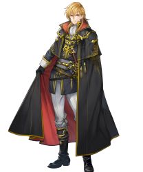 Rule 34 | 1boy, ares (fire emblem), ascot, black cape, black capelet, black coat, black footwear, blonde hair, boots, cape, capelet, coat, collar, fire emblem, fire emblem: genealogy of the holy war, fire emblem heroes, full body, highres, holding, holding cape, holding clothes, lips, looking at viewer, male focus, medium hair, mystletainn, nintendo, official art, p-nekor, pants, scowl, serious, sheath, sheathed, shoulder pads, sidelocks, solo, standing, sword, transparent background, weapon, white pants, yellow eyes