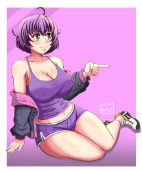Rule 34 | 1girl, absurdres, breasts, cleavage, green eyes, highres, large breasts, legs, midriff, original, purple hair, short hair, shorts, sleeveless, smile, solo, thick thighs, thighs, yukino akaihi