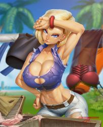 Rule 34 | 1girl, abs, android 18, areola slip, armpits, beach, belt, blonde hair, blue eyes, bracelet, breasts, bursting breasts, covered erect nipples, day, dragon ball, dragonball z, drying, drying clothes, earrings, hand on own hip, highres, jewelry, large breasts, looking at viewer, midriff, navel, nipple slip, nipples, palm tree, pants, short hair, sink, solo, stomach, sweat, taboolicious, toned, torn clothes, torn pants, torn sleeves, tree, white pants, wiping forehead