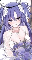 1girl absurdres bikini blue_archive blush bouquet bow breasts cleavage collarbone dress flower hair_bow halo heart heart_necklace highres jewelry long_hair long_sleeves looking_at_viewer mango_(mango0208) medium_breasts necklace purple_eyes purple_flower purple_hair purple_rose rose see-through_choker see-through_clothes see-through_dress solo swimsuit two_side_up white_bikini white_bow yuuka_(blue_archive)