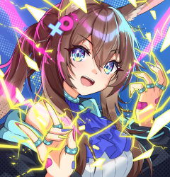 Rule 34 | 1girl, :d, amiya (arknights), animal ear fluff, animal ears, arknights, ascot, bare shoulders, blue ascot, blue eyes, blush, breasts, brown hair, commentary, english commentary, fingernails, hands up, jewelry, long hair, long sleeves, looking at viewer, low twintails, medium breasts, multicolored nails, multiple rings, nail polish, off shoulder, open mouth, ponytail, rabbit ears, ring, saylamars, sharp fingernails, shirt, sidelocks, smile, solo, twintails, upper body, white shirt