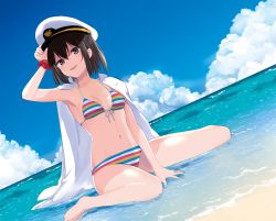 Rule 34 | 1girl, armband, beach, between legs, bikini, black hat, blue sky, blush, breasts, brown eyes, brown hair, cloud, commentary request, day, front-tie bikini top, front-tie top, full body, hair between eyes, hand between legs, hand up, hat, ica, jacket, jewelry, kantai collection, legs, looking at viewer, military, military hat, military jacket, military uniform, multicolored stripes, naval uniform, navel, ocean, open mouth, peaked cap, ring, sand, sendai (kancolle), shirt, short hair, sitting, sky, small breasts, smile, solo, striped bikini, striped clothes, swimsuit, thighs, uniform, wariza, wedding band, white hat, white shirt