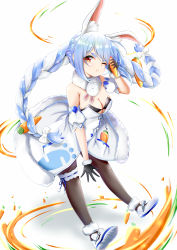 Rule 34 | 1girl, absurdres, animal ear fluff, animal ears, bare shoulders, black gloves, black pantyhose, blue hair, braid, breasts, carrot, carrot hair ornament, cleavage, closed mouth, coat, dress, food, food-themed hair ornament, full body, fur-trimmed coat, fur trim, gloves, hair ornament, hand up, highres, holding, holding food, hololive, large breasts, long hair, looking at viewer, multicolored hair, one eye closed, pantyhose, rabbit ears, rabbit girl, red eyes, simple background, sleeveless, smile, solo, swept bangs, takemura kou, thick eyebrows, twin braids, twintails, two-tone hair, usada pekora, usada pekora (1st costume), virtual youtuber, white background, white hair