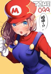 Rule 34 | 1girl, absurdres, bad id, bad twitter id, blue eyes, blush, breasts, brown hair, clenched hand, commentary request, cosplay, gloves, hair ornament, hat, highres, kuma daigorou, large breasts, long sleeves, looking at viewer, mario, mario (cosplay), mario (series), medium hair, nijisanji, nintendo, open mouth, overalls, red hat, red shirt, shirt, solo, speech bubble, suzuhara lulu, sweat, translated, turtleneck, upper body, virtual youtuber, white gloves