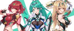 2girls bare_shoulders blonde_hair breasts chest_jewel core_crystal_(xenoblade) green_eyes green_hair high_ponytail highres holding holding_sword holding_weapon large_breasts long_hair matrix16 multiple_girls mythra_(xenoblade) pneuma_(xenoblade) pyra_(xenoblade) red_eyes red_hair red_shorts short_hair shorts simple_background sword tiara upper_body weapon white_background xenoblade_chronicles_(series) xenoblade_chronicles_2 yellow_eyes