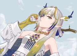 Rule 34 | 1girl, aqua eyes, arknights, bare shoulders, blonde hair, blue hair, blue sky, breasts, can, choker, coat, commentary request, grey hair, hand up, highres, holding, holding can, horns, jewelry, katowicz co., long hair, looking at viewer, multicolored hair, necklace, off shoulder, one eye closed, open clothes, open coat, outdoors, pointy ears, shu (arknights), sky, small breasts, solo, strapless, streaked hair, tube top, upper body, very long hair, white coat