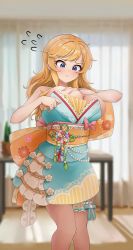 Rule 34 | 1girl, absurdres, bare shoulders, blonde hair, blue eyes, blush, breasts, cleavage, flying sweatdrops, highres, idolmaster, idolmaster cinderella girls, indoors, large breasts, long hair, ohtsuki yui, plant, potted plant, pout, sash, solo, table, ushimochi