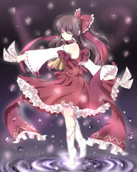 Rule 34 | 1girl, bad id, bad pixiv id, bow, brown hair, detached sleeves, closed eyes, female focus, frills, gathers, glowing, hair bow, hakurei reimu, japanese clothes, large bow, long hair, miko, mitsu yomogi, no shoes, ofuda, petals, ripples, socks, solo, spinning, standing, touhou, water