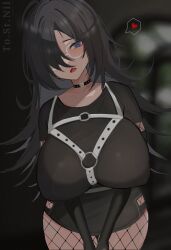 Rule 34 | 1girl, absurdres, black choker, black gloves, black shirt, blue eyes, blush, breasts, chest harness, chestnut mouth, choker, commission, elbow gloves, fishnets, glasses, gloves, harness, heart, heart o-ring, highres, huge breasts, long hair, looking at viewer, mei kemo, o-ring, o-ring choker, one eye covered, open mouth, original, shirt, skeb commission, solo, speech bubble, spoken heart, very long hair
