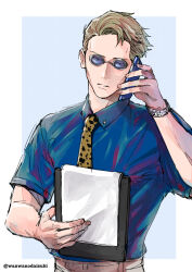 Rule 34 | 1boy, blonde hair, blue eyes, blue shirt, cellphone, clipboard, collared shirt, goggles, highres, holding, holding clipboard, holding phone, jujutsu kaisen, long sleeves, male focus, nanami kento, necktie, parted lips, phone, shirt, short hair, sleeves rolled up, smartphone, solo, watch, yellow necktie, yuu (1969loy)