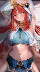 Rule 34 | 1girl, absurdres, armpits, arms up, bare shoulders, blush, bow, breasts, cowboy shot, detached sleeves, efuri (riarea00), from above, gem, genshin impact, green eyes, highres, horns, jewelry, long hair, long sleeves, looking at viewer, lying, medium breasts, navel, nilou (genshin impact), on back, parted lips, pov, red hair, sidelocks, solo, stomach, sweat, teeth, twintails, veil, very long hair