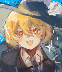 Rule 34 | 1girl, absurdres, black jacket, blonde hair, blue hat, blue necktie, blush, collared shirt, don quixote (project moon), fang, hat, highres, jacket, limbus company, mesoold, necktie, open mouth, project moon, shirt, short hair, skin fang, smile, solo, sparkle, sparkling eyes, white shirt, yellow eyes