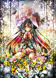 Rule 34 | 1girl, animal, animal ears, bug, rabbit, rabbit ears, butterfly, card, female focus, floating card, flower, heart, heart hands, inaba mob (touhou), bug, long hair, md5 mismatch, moon, multicolored hair, reisen udongein inaba, shino (eefy), sitting, skirt, solo, thighhighs, touhou