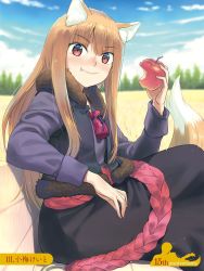 Rule 34 | 1girl, animal ears, anniversary, apple, blush, brown hair, eating, fang, food, fruit, fur trim, highres, holding, holding food, holding fruit, holo, koume keito, long hair, looking at viewer, official art, outdoors, pouch, red eyes, sitting, skirt, sky, sleeveless, sleeveless jacket, smile, solo, spice and wolf, tail, wheat, wheat field, wolf ears, wolf girl, wolf tail