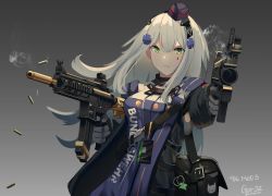 Rule 34 | 1girl, absurdres, aiming, aiming at viewer, assault rifle, bag, black bag, black gloves, character name, closed mouth, commentary, dress, dual wielding, english commentary, facial mark, gar32, girls&#039; frontline, gloves, gradient background, green eyes, grey background, grey hair, gun, h&amp;k hk416, hair over one eye, hairband, hat, highres, hk416 (girls&#039; frontline), hk416 (mod3) (girls&#039; frontline), holding, lanyard, long hair, looking at viewer, mini hat, mod3 (girls&#039; frontline), name tag, purple dress, rifle, shell casing, shoulder bag, smoke, smoke grenade, smoking barrel, solo, weapon