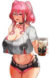 Rule 34 | 1girl, aji (sakanaaj1), azur lane, bare shoulders, belt, bikini, breast milk, breasts, bremerton (azur lane), cleavage, coffee, commentary request, crop top, crop top overhang, cup, drinking glass, ear piercing, glass, grey belt, hair between eyes, highres, holding, holding cup, ice, ice cube, iced coffee, lactation, lactation through clothes, large breasts, long hair, midriff, mole, mole on breast, multicolored hair, nail polish, navel piercing, open mouth, piercing, pink bikini, pink eyes, pink nails, short shorts, shorts, sidelocks, stained clothes, standing, streaked hair, sweat, swimsuit, thighs, twintails, wet, wet clothes
