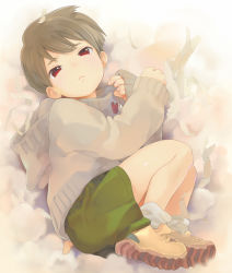 Rule 34 | 1boy, :&lt;, brown hair, child, full body, male focus, original, red eyes, shiogochi, shoes, short hair, shorts, sneakers, solo, sweater