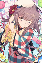 Rule 34 | 1girl, ;), bell, braid, brown hair, flower, hair flower, hair ornament, hatsumoude, japanese clothes, jingle bell, kimono, melonbooks, new year, omamori, one eye closed, original, own hands together, saipaco, smile, solo, twin braids, white headwear, wide sleeves, yellow eyes, yellow nails