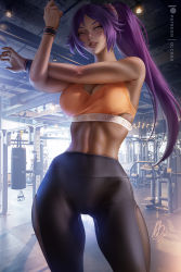 Rule 34 | 1girl, 2022, abs, artist name, black pants, bleach, bra, breasts, cleavage, dark-skinned female, dark skin, female focus, gym, indoors, large breasts, long hair, looking at viewer, midriff, muscular, muscular female, olchas, orange bra, pants, parted lips, patreon username, ponytail, purple hair, shihouin yoruichi, signature, smile, solo, sports bra, standing, stretching, thick thighs, thighs, underwear, wristband, yellow eyes, yoga pants