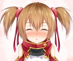 Rule 34 | 10s, 1girl, armor, bare shoulders, blush, breastplate, brown hair, detached sleeves, closed eyes, hair ribbon, haryuu (poetto), imminent kiss, incoming kiss, ku-do, ribbon, short twintails, silica, solo, sword art online, twintails