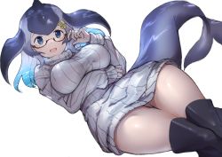 Rule 34 | 1girl, anchor hair ornament, aqua hair, blowhole, blue eyes, blue whale (kemono friends), blush, boots, breasts, caustics, cetacean tail, commentary request, cowboy shot, dorsal fin, dress, fins, fish tail, glasses, grey hair, hair ornament, highres, impossible clothes, kemono friends, kemono friends 3, koruse, large breasts, long hair, long sleeves, looking at viewer, multicolored hair, ribbed sweater, simple background, sweater, sweater dress, tail, thigh boots, thighhighs, thighs, turtleneck, turtleneck sweater, white background, white sweater, zettai ryouiki