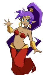 Rule 34 | 1girl, blue eyes, breasts, choker, dark-skinned female, dark skin, dot nose, earrings, highres, jewelry, looking at viewer, medium breasts, momijizx, navel, open mouth, pants, pointy ears, ponytail, purple hair, shantae, shantae (series), smile, solo, standing, thick thighs, thighs, upper body, white background