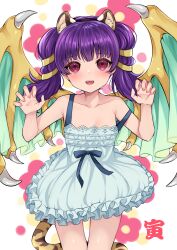 Rule 34 | 1girl, 2022, absurdres, animal ears, bare shoulders, blue ribbon, blush, chinese zodiac, claw pose, cowboy shot, dragon girl, dragon wings, dress, embarrassed, fake animal ears, fake tail, fire emblem, fire emblem: the sacred stones, flat chest, floral background, frilled dress, frilled skirt, frills, green wings, hair tie, hands up, happy new year, highres, long hair, looking at viewer, miniskirt, multi-tied hair, myrrh (fire emblem), new year, nintendo, open mouth, pale skin, purple hair, red eyes, ribbon, shimizu akina, shiny skin, shoulder blades, skirt, sleeveless, sleeveless dress, smile, solo, spaghetti strap, standing, tail, textless version, tiger ears, tiger tail, twintails, white dress, wings, year of the tiger, yellow wings