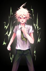 Rule 34 | 1boy, :o, absurdres, ahoge, black background, brown pants, clenched hand, collared shirt, commentary request, cowboy shot, danchu (danchu0628), danganronpa (series), danganronpa 2: goodbye despair, gradient background, green necktie, hair between eyes, hand up, highres, hinata hajime, hinata hajime (awakened), looking at viewer, male focus, necktie, open mouth, pants, red eyes, shirt, short hair, short sleeves, solo, spiked hair, spoilers, teeth, upper teeth only, white hair, white shirt