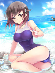 Rule 34 | 10s, 1girl, arm support, ass, bad id, bad pixiv id, bare shoulders, barefoot, beach, breasts, brown eyes, brown hair, casual one-piece swimsuit, cloud, collarbone, day, flower, hair ornament, hairclip, index finger raised, kyouno madoka, large breasts, mirai denki, one-piece swimsuit, partially submerged, petals, rinne no lagrange, school swimsuit, short hair, sitting, sky, smile, solo, swimsuit, thighs, water, wet, yokozuwari