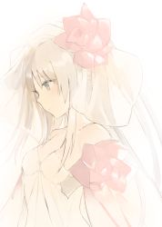 Rule 34 | 1girl, blonde hair, breasts, brown eyes, cleavage, closed mouth, collarbone, detached sleeves, dress, expressionless, eyebrows, female focus, flower, from side, grey theme, hair flower, hair ornament, looking afar, lpip, pale color, pink flower, pink rose, rose, see-through, solo, strapless, strapless dress, upper body, veil, white background, yellow dress