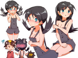 Rule 34 | !, !!, !?, 1boy, 1girl, alternate hairstyle, atom (@tom), bad id, bad pixiv id, bare arms, bare legs, bare shoulders, black hair, blue eyes, blush, breasts, cleavage, creatures (company), earrings, embarrassed, ethan (pokemon), expressive hair, game freak, hair down, jewelry, kris (pokemon), looking at another, motion lines, naked overalls, nervous, nintendo, off shoulder, overalls, pokemon, pokemon adventures, shy, star (symbol), star earrings, sweatdrop, thighs