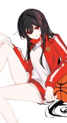 Rule 34 | 1girl, ball, basketball (object), black hair, commentary request, dolphin shorts, family crest, fate/grand order, fate (series), hair between eyes, highres, jacket, long hair, long sleeves, looking at viewer, oda nobunaga (fate), oda uri, red eyes, red jacket, red shorts, shirt, short shorts, shorts, sidelocks, sitting, solo, t-shirt, thighs, track jacket, white background, white shirt, yui (tamagohan)