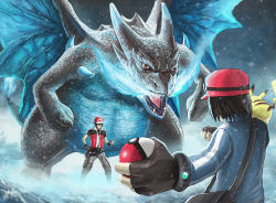 Rule 34 | 10s, 2boys, animal, animal on shoulder, bag, baseball cap, black hair, blue fire, calem (pokemon), charizard, creatures (company), dragon, dragon horns, dragon tail, dragon wings, duel, fingerless gloves, fire, flame-tipped tail, game freak, gen 1 pokemon, gloves, hat, holding, holding poke ball, horns, male focus, mega charizard x, mega pokemon, multiple boys, nintendo, orange eyes, penator, pikachu, poke ball, pokemon, pokemon (creature), pokemon xy, red (pokemon), shoulder bag, signature, size difference, snowing, tail, wings