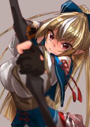 Rule 34 | 1girl, absurdres, aiming, aiming at viewer, arrow (projectile), black gloves, blonde hair, blurry, blurry foreground, bow (weapon), breasts, dark-skinned female, dark elf, dark skin, detached sleeves, dress, elf, expressionless, fingerless gloves, foreshortening, gloves, grey background, hair between eyes, highres, hololive, hololive alternative, kionaisiteru, large breasts, layered dress, leaning to the side, long hair, looking at viewer, multicolored hair, pointy ears, ponytail, red eyes, shiranui flare, shiranui flare (old design), simple background, solo, streaked hair, underbust, very long hair, virtual youtuber, weapon