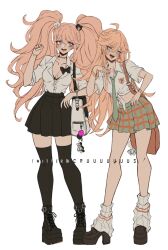 Rule 34 | 2girls, :d, ahoge, bag, bear hair ornament, black bow, black choker, black footwear, black skirt, black thighhighs, blonde hair, blue eyes, bow, breasts, brown bag, choker, cleavage, criis-chan, danganronpa: trigger happy havoc, danganronpa (series), dress shirt, earrings, enoshima junko, green necktie, hair ornament, hand up, high heels, jewelry, leaning to the side, long hair, medium breasts, midriff, miniskirt, multiple girls, nail polish, necktie, open mouth, panty &amp; stocking with garterbelt, panty (psg), plaid, plaid skirt, pleated skirt, red nails, shirt, shirt tucked in, shoes, short sleeves, shoulder bag, simple background, skirt, smile, teeth, thighhighs, twintails, twitter username, upper teeth only, white background, zettai ryouiki