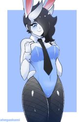 Rule 34 | 1girl, ahegaokami, animal ears, bad id, bad twitter id, black hair, black necktie, blue eyes, blue leotard, blush, breasts, colored skin, covered navel, cowboy shot, detached collar, fake animal ears, fake tail, hair over one eye, hands up, horns, large breasts, leotard, long hair, necktie, oni horns, original, pantyhose, playboy bunny, rabbit ears, rabbit tail, smile, solo, spooky (ahegaokami), strapless, strapless leotard, tail, white skin, wrist cuffs