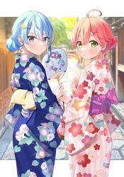 Rule 34 | 2girls, ahoge, blue eyes, blue hair, blush, breasts, closed mouth, floral print, from behind, green eyes, hair between eyes, hair bun, hair ornament, hand fan, highres, holding, holding fan, hololive, hoshimachi suisei, japanese clothes, kimono, letterboxed, looking at viewer, looking back, multiple girls, nail polish, outdoors, outside border, paper fan, parted lips, pink hair, print kimono, sakura miko, short hair, smile, standing, star (symbol), star in eye, symbol in eye, tomozu, uchiwa, virtual youtuber, x hair ornament, yukata