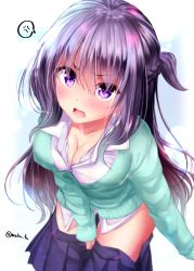 Rule 34 | 1girl, anger vein, blush, braid, breasts, cardigan, cleavage, clothes pull, collarbone, collared shirt, dress shirt, green cardigan, hair between eyes, highres, large breasts, leaning forward, long sleeves, looking at viewer, mokufuu, one side up, open mouth, original, panties, pink panties, pleated skirt, purple eyes, purple hair, purple skirt, school uniform, shirt, skirt, skirt pull, sleeves past wrists, solo, spoken anger vein, twitter username, underwear, v-shaped eyebrows, white background, white shirt