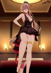 Rule 34 | 1boy, 1girl, azur lane, bare shoulders, bed, bedroom, black gloves, black nails, blonde hair, blush, breasts, censored, cleavage, cleft of venus, closed mouth, cocktail dress, commentary request, commission, dress, erection, evening gown, footjob, gloves, gold bracelet, gold choker, hair between eyes, halter dress, halterneck, hand on own hip, high ponytail, highres, indoors, jean bart (azur lane), jean bart (uninhibited bloodstone) (azur lane), lampshade, large breasts, long hair, lying, mosaic censoring, nail polish, no panties, on back, out of frame, penis, pillow, ppshex, pussy, red eyes, sidelocks, skirt, stepped on, thighlet, upskirt, very long hair
