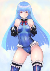 Rule 34 | 1girl, bare shoulders, black gloves, blue hair, blue leotard, blue one-piece swimsuit, blue sleeves, blue thighhighs, breasts, cameltoe, clenched hands, commentary request, contrapposto, cosplay, covered erect nipples, covered navel, cowboy shot, dead or alive, detached sleeves, eyebrows, facing viewer, frilled thighhighs, frills, gloves, gluteal fold, highres, johan (johan13), kula diamond, leotard, looking at viewer, marie rose, marie rose (cosplay), one-piece swimsuit, red eyes, sideboob, small breasts, solo, swimsuit, the king of fighters, thighhighs, white background