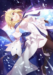 Rule 34 | 1girl, archetype earth, arcueid brunestud, bare shoulders, black gloves, blonde hair, blue skirt, blush, breasts, brown pantyhose, cleavage, commentary request, detached sleeves, dress, fate/grand order, fate (series), flower, gabiran, gloves, hair flower, hair ornament, highres, large breasts, long skirt, looking at viewer, multicolored clothes, multicolored skirt, open mouth, pantyhose, red eyes, short hair, skirt, smile, solo, thighs, tsukihime, white dress, white skirt