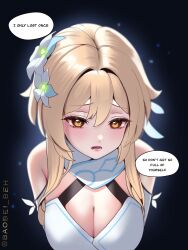 Rule 34 | 1girl, baobei (baobei bu), bare shoulders, blonde hair, blush, breast focus, breasts, cleavage, close-up, detached sleeves, dress, english text, feather hair ornament, feathers, flower, genshin impact, hair between eyes, hair flower, hair ornament, highres, instant loss, looking at viewer, lumine (genshin impact), medium breasts, medium hair, open mouth, scarf, short hair with long locks, sidelocks, upper body, white dress, white flower, yellow eyes